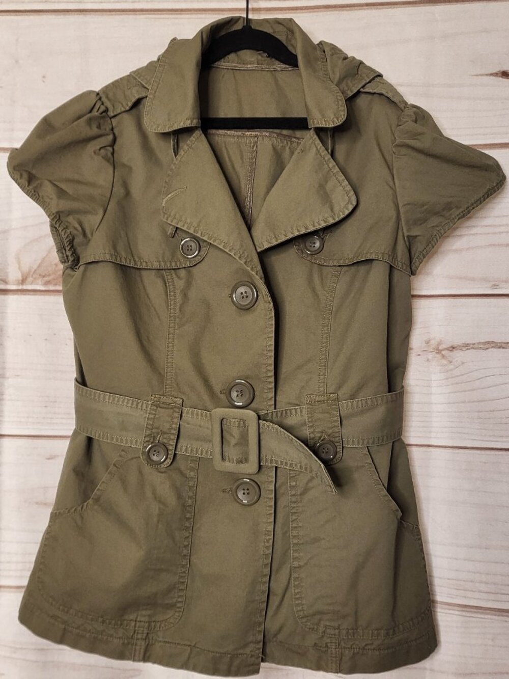 Women's Olive Green Belted Short Sleeve Trench Vest Utility Jacket